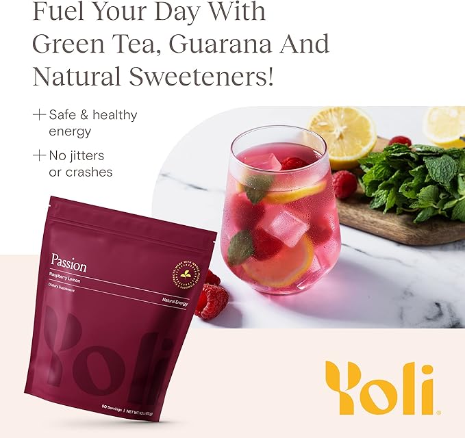 Yoli® Passion Energy Drink Powder Mix - Natural Energy Drink Mix for Endurance and Stamina Bulk 90 Servings - Raspberry Lemon Flavor
