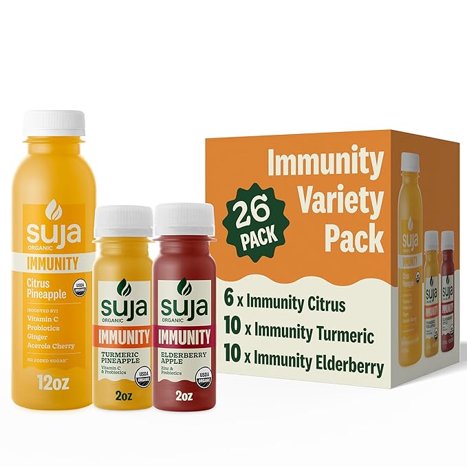 Suja Organic Immunity Shots Variety Pack | 10 Immunity Original 6 Citrus Immunity and 10 Immunity Elderberry | Plant-Based &amp Gluten-Free (2 fl oz Shots/Pack of 20 12 fl oz Juices/Pack of 6)