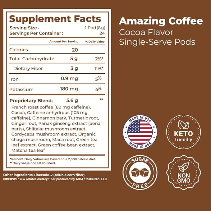 Superfoods Company Amazing Coffee- 12 Natural Superfoods - French Roast - Weight Loss &amp Brain Boost - Gluten Free Non-GMO Sugar Free Vegan &amp Keto Friendly [48 Pods] [Cocoa]