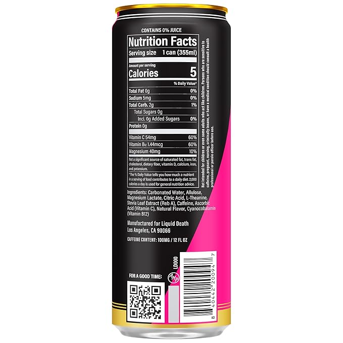 Liquid Death Sparkling Energy - Scary Strawberry Zero Sugar Energy Drink Unextreme Caffeine 100mg Essential Vitamins 12 Fl Oz (Pack of 12)