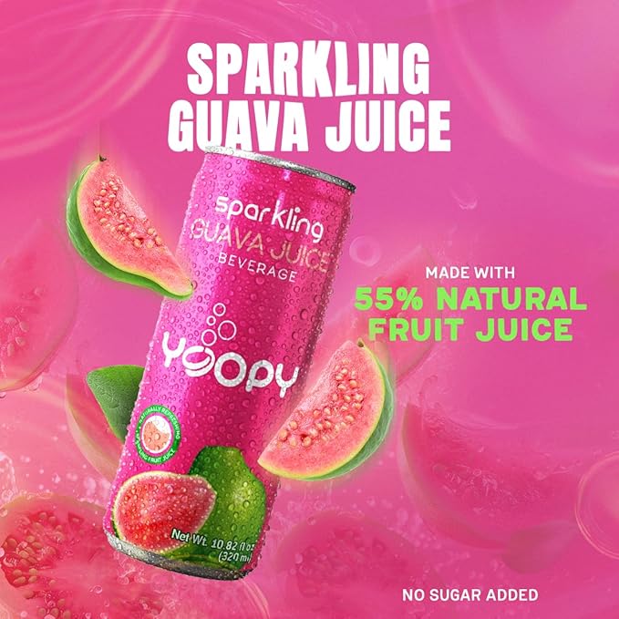 Yoopy Sparkling Guava Juice – 12-Pack (10.82 fl oz Cans) – Naturally Sweet No Added Sugar – Fruity Refreshing &amp Carbonated – Made with 55% Real Guava Juice