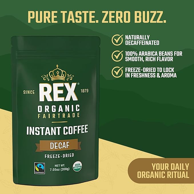 Rex Organic Fairtrade Natural Decaf Freeze-Dried Instant Coffee – Naturally Decaffeinated Arabica 7.05 oz Resealable Pouch Bag – Lab Tested for Mold &amp Mycotoxins