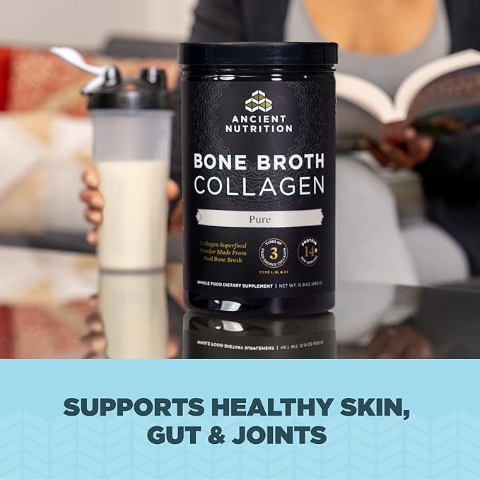 Ancient Nutrition Bone Broth Collagen Powder Pure 30 Servings + Organic Supergreens Powder Greens Flavor 25 Servings