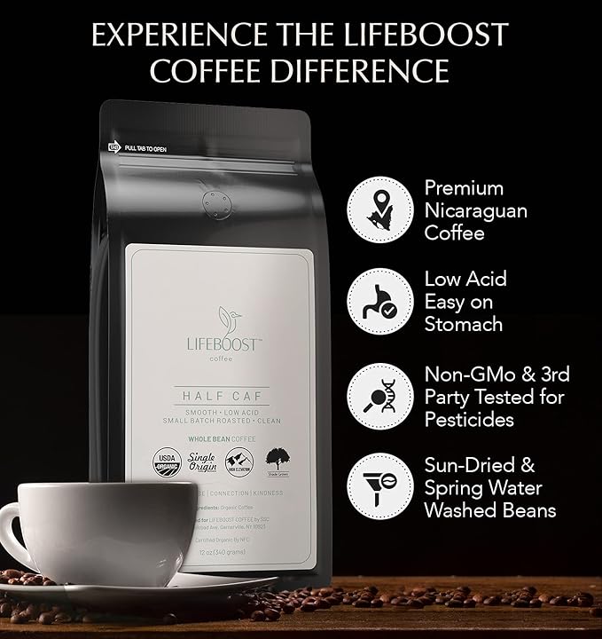 Lifeboost Half Caff Medium Roast Whole Bean Coffee - Low Acid Organic Coffee Non-GMO USDA Organic Single Origin Third-Party Tested for Mycotoxins &amp Pesticides - 12 oz Bag