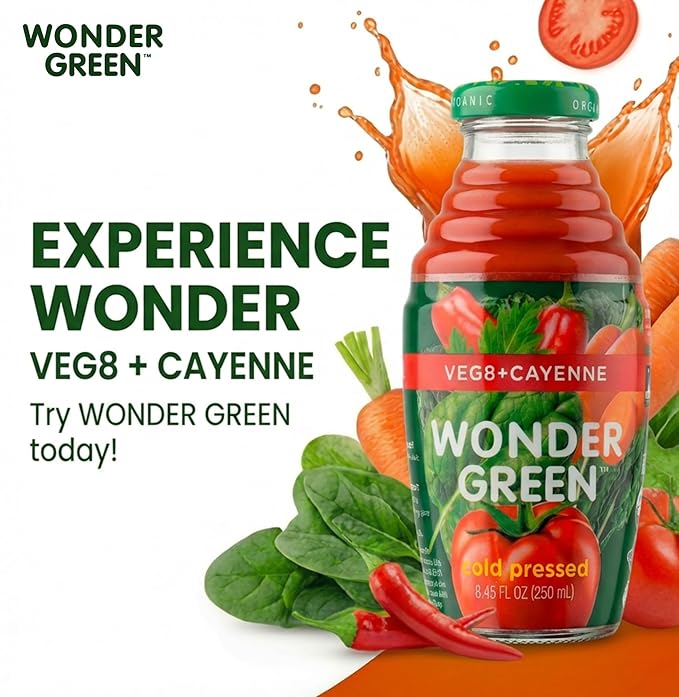 Wonder Green 100% Organic Veg8 + Cayenne Cold Pressed Juice 8.45 oz (6 Pack) | Vegetable Juice Blend All Natural No Additives or Preservatives Not from Concentrate