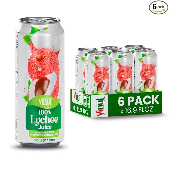 VINUT 100% Lychee Juice No Added Sugar Not From Concentrate 16.9 fl oz (500 mL) Can Pack of 6