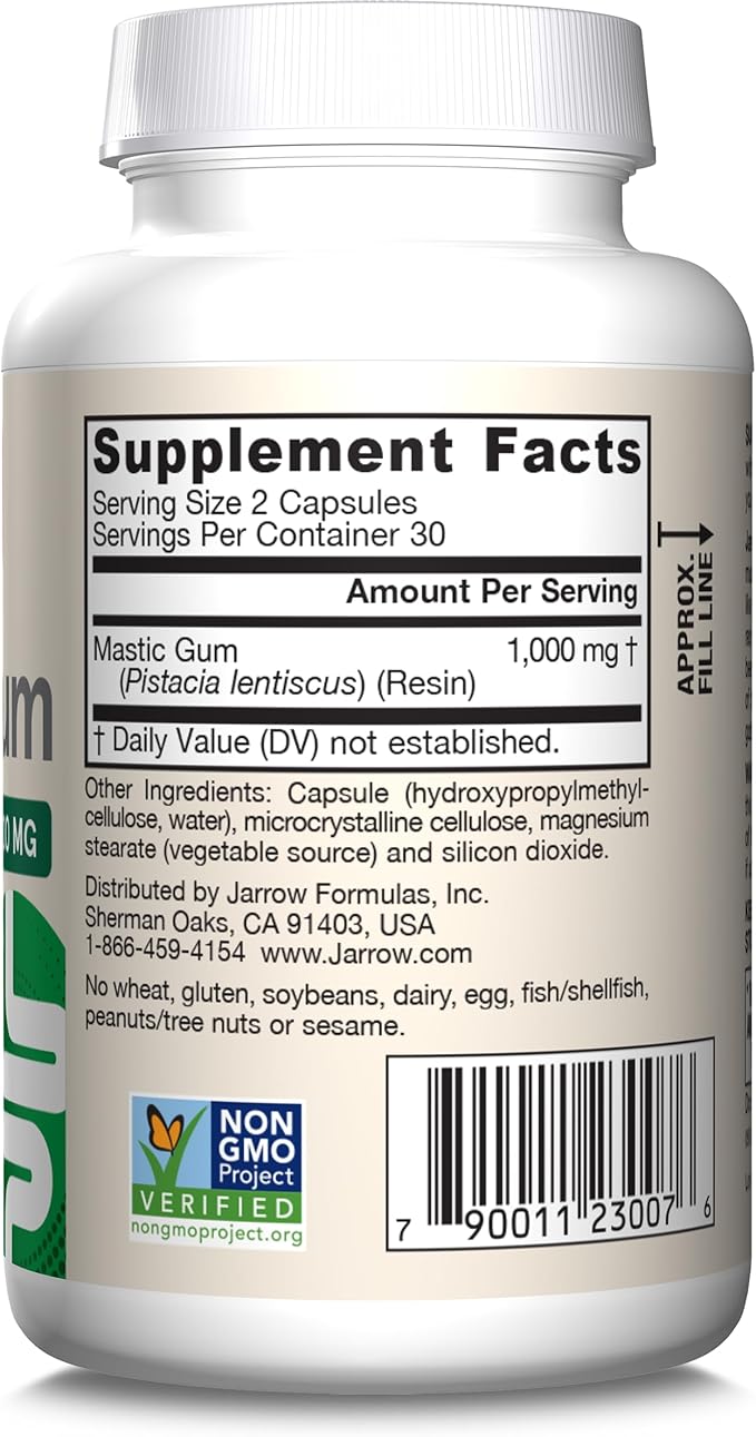 Jarrow Formulas Mastic Gum 1000 mg - 60 Veggie Caps - Mastic Gum Capsules Supporting Stomach and Duodenal Health - 30 Servings