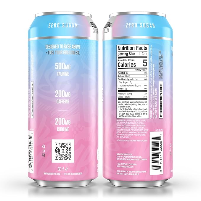 RYSE Fuel Energy Drink - Cotton Candy - Sugar Free Gluten Free &amp Vegan - 200mg Natural Caffeine Taurine &amp Choline for Focus &amp Energy - No Artificial Colors - 16 fl oz Cans (12-Pack)