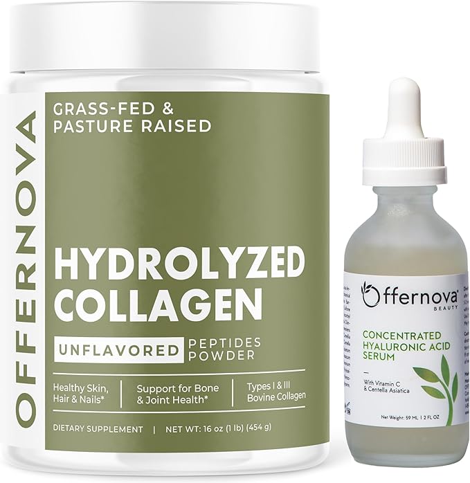 Offernova Collagen &amp Hyaluronic Acid Bundle – Hydrolyzed Collagen Powder + Hydrating Hyaluronic Acid Serum for Radiant Skin Strong Hair &amp Joints – Anti-Aging &amp Beauty Duo