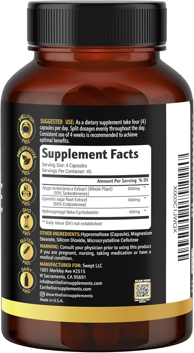 Turkesterone &amp Ecdysterone – Natural Testosterone Support 2-in-1 High Potency Turkesterone Supplement for Men &amp Women with 95% Beta Ecdysterone - Made in USA &amp 3rd Party Tested - 180 Caps