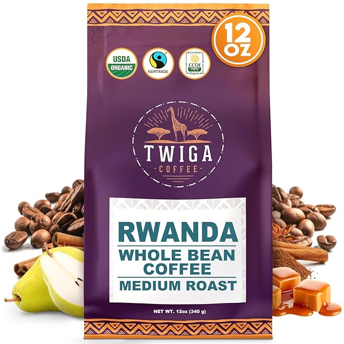 Twiga Coffee Rwandan Whole Bean – Organic Medium Roast Arabica with Caramel Cinnamon &amp Citrus Flavor Notes – Single Origin Fresh Roasted Rwandan Coffee for a Smooth Bold Cup – 12 oz