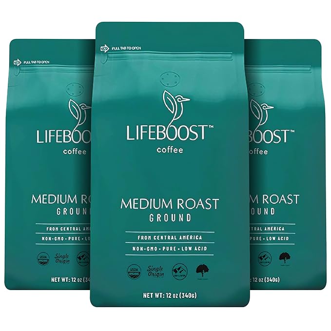 Lifeboost Coffee 3 Pack Medium Roast Ground Coffee - Low Acid Single Origin USDA Organic Coffee - Non-GMO Ground Coffee Third Party Tested For Mycotoxins &amp Pesticides - 12 Ounces