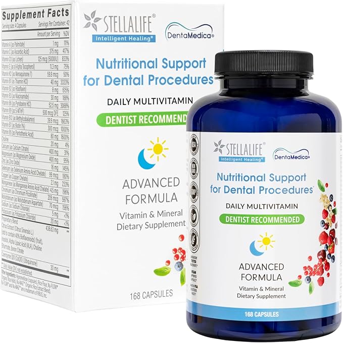 StellaLife DentaMedica Vegan Daily Multivitamin Nutritional Support for Faster Dental Surgery Recovery VIT D3 K2 C B Zinc CoQ10 Magnesium Healthy Bones &amp Gums Non-GMO GMP USA 168 Capsules