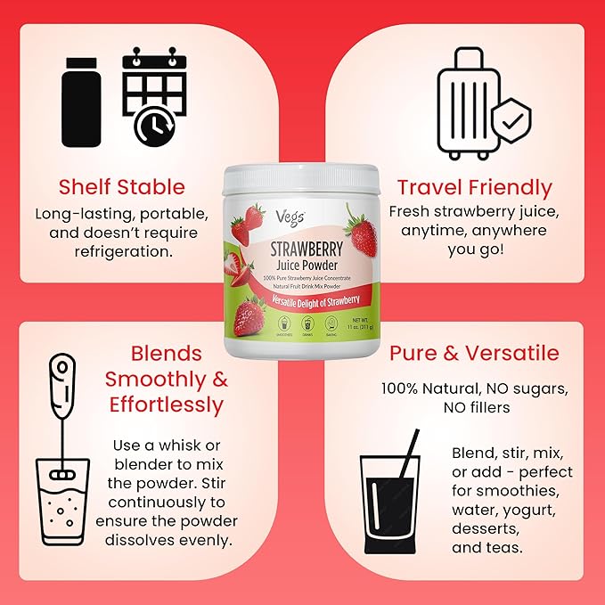 Vegs Strawberry Juice Powder - Freeze Dried Organic Strawberry Juice Instant Drink Mix Powder Baking Dessert Flavoring - Real Fruit Hydration with Electrolytes &amp Antioxidants Sugar Free - 11 oz