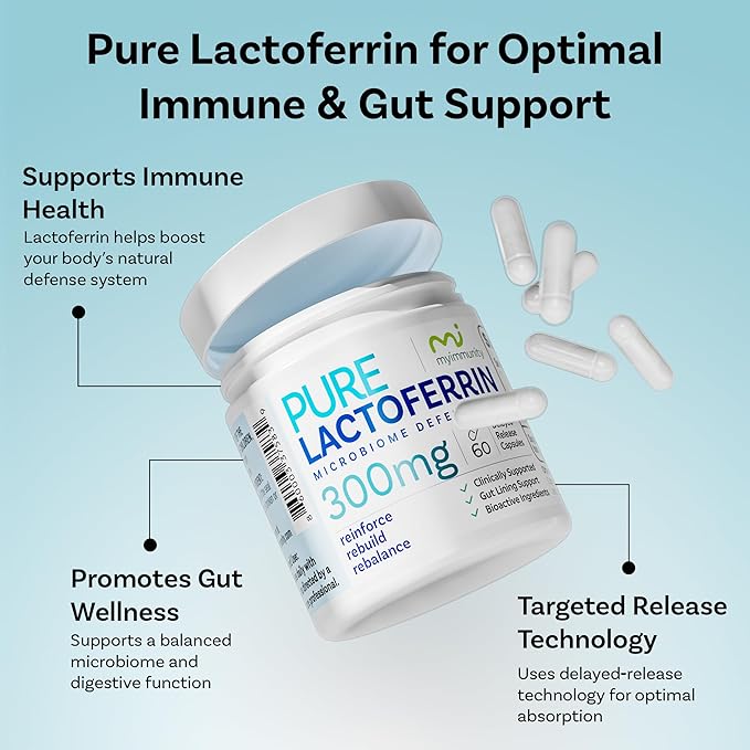 Pure Lactoferrin Microbiome Defense - 300mg Delayed Release Capsules Non-GMO Iron Absorption &amp Immune System Support Lactoferrin Supplements for Adults Gluten-Free (60 Capsules)