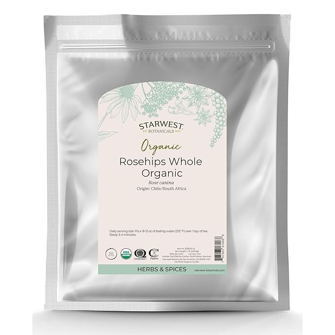 Starwest Botanicals Rosehips Whole Organic - Dried Herb for Tea &amp Baking Seedless Cut &amp Sifted Certified Kosher Non-GMO - Bulk 1 lb Bag