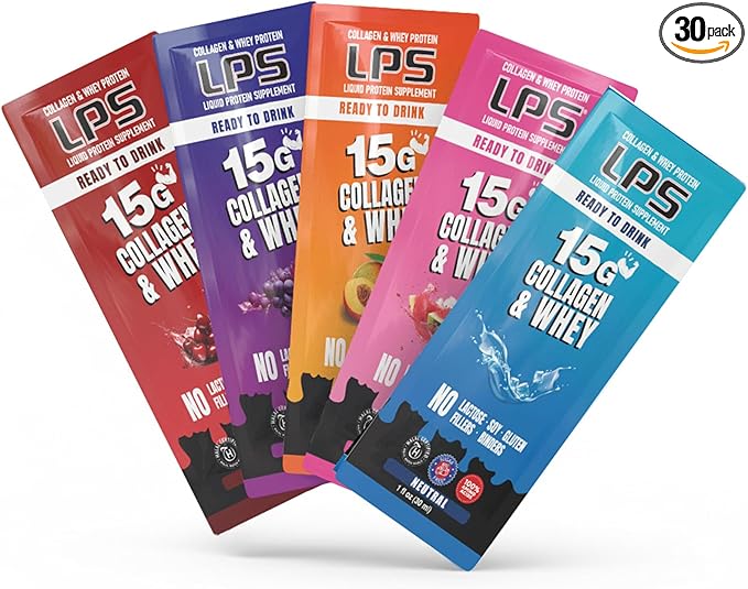 Nutritional Designs LPS Liquid Collagen &amp Whey Protein Supplement - Non-GMO Drink Sugar-Free - Promotes Healthy Skin &amp Hair for Men &amp Women Variety Box Single Serve (30 Packets)