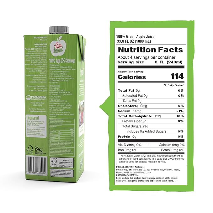 Pura Frutta - Green Apple Juice - 33.8 fl oz (1L) Juice Boxes 8-Pack Box - 100% Natural &amp Cold-Pressed Not From Concentrate (NFC) No Sugar Added - Patagonia Apple - Crisp &amp Refreshing Taste