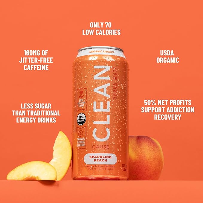 CLEAN Cause Low Calorie Peach &amp Blackberry USDA Organic Sparkling Yerba Mate Tea (16oz cans 2-12-Pack Case) Low Sugar 160mg Caffeine Healthy Alternative to Soda &amp Energy Drinks.