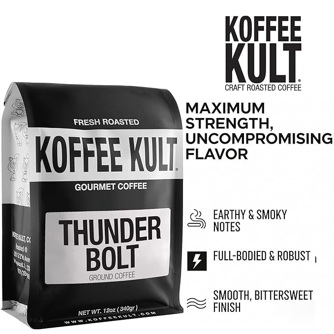 Koffee Kult Thunder Bolt Coffee Super Dark Roast 100% Arabica Robust Blend of Colombian And Brazil (Ground 12oz)