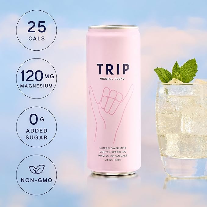 TRIP Lightly Sparkling Adaptogen Drink Non Alcoholic Drink with Magnesium Ashwagandha Lions Mane &amp L Theanine No Added Sugar Mocktail Vegan Elderflower Mint 12 Oz 12Pk