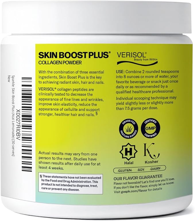 Sparkle Wellness VERISOL Bioactive Hydrolyzed Collagen Peptides | Collagen Powder with Vitamin C &amp Hyaluronic Acid for Hair Skin and Nail Health | Skin Boost Plus (Acai Lemonade) [30-Serves]