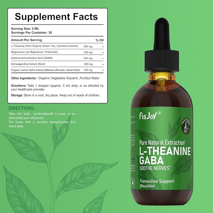 L-Theanine &amp GABA Liquid Drops – Relaxation Calm &amp Daily Balance Support Vegan Sugar-Free Non-GMO 2 fl oz (60 mL)