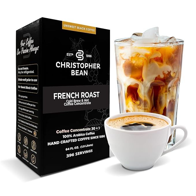 Christopher Bean Coffee - 396 servings 30 to 1 Blend Bag in Box Liquid Instant Coffee or Cold Brew Coffee Concentrate - Hot or Iced Coffee - French Roast