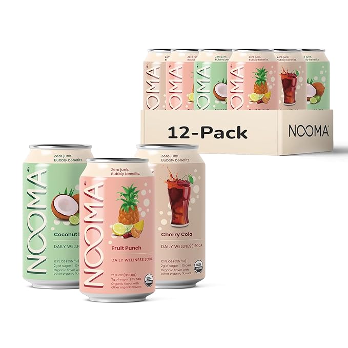 NOOMA - Daily Wellness Soda - Low Calorie &amp Low Sugar Healthy Soda - Organic &amp No Sucralose or Aspartame - Supports Muscle Recovery &amp Immune System - Vegan - Variety Pack - 12 Pack (12oz e