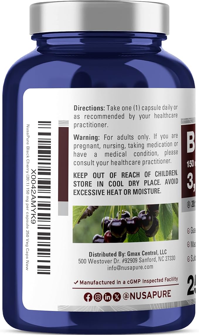 NusaPure Black Cherry Extract 20:1 - Suitable for Vegetarian/Vegan Non - GMO - 3000mg 250 Capsules