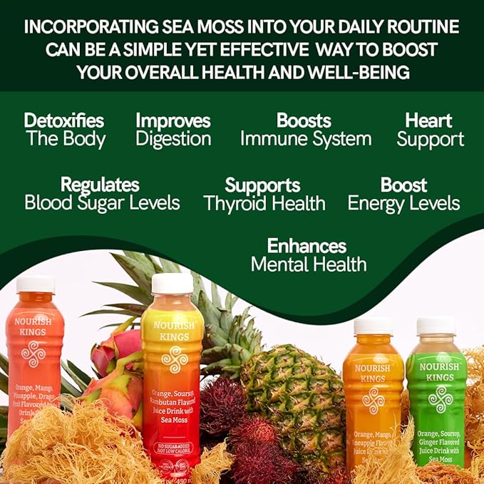 Nourish Kings- Sea Moss drink with Rambutan Soursop &amp Orange juice No Added Sugars or Preservatives 12 pack of 15.2 Fl oz Bottles