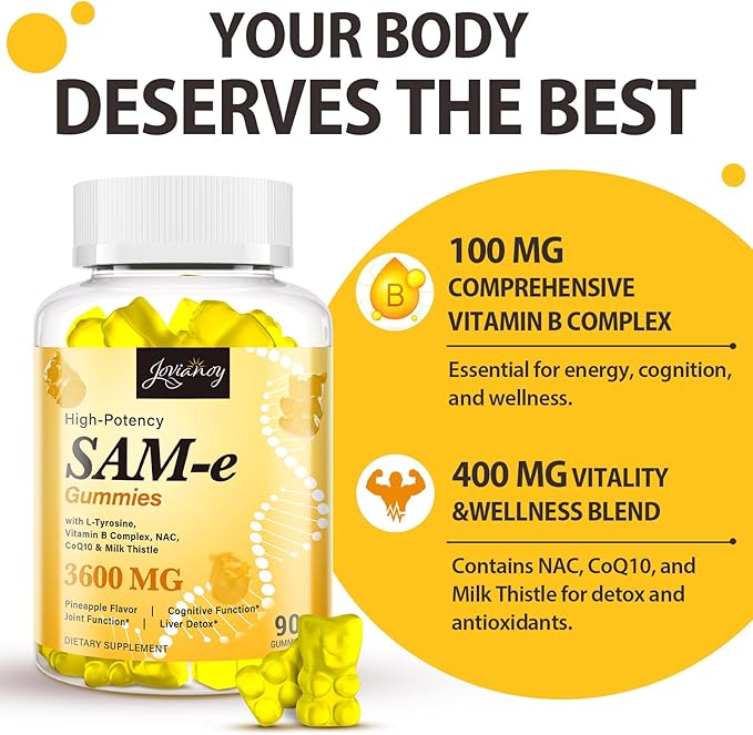 SAM-e Gummies with L-Tyrosine Vitamin B Complex &amp NAC CoQ10 High-Potency SAM-e Supplement - Pineapple Flavor for Mood Joint Cognitive &amp Liver Detox Vegan Friendly 90 Gummies