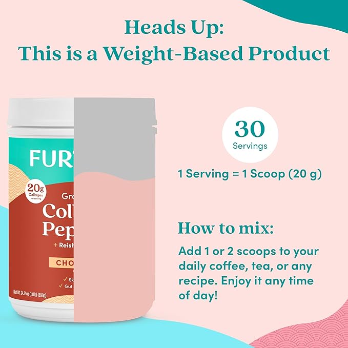 Further Food Chocolate Collagen Peptides Powder with Reishi Mushroom - 100% Grass-Fed Hydrolyzed Type 1 &amp 3 20g of Collagen per Serving Supports Skin Hair Nails &amp Joints 24.34 Oz