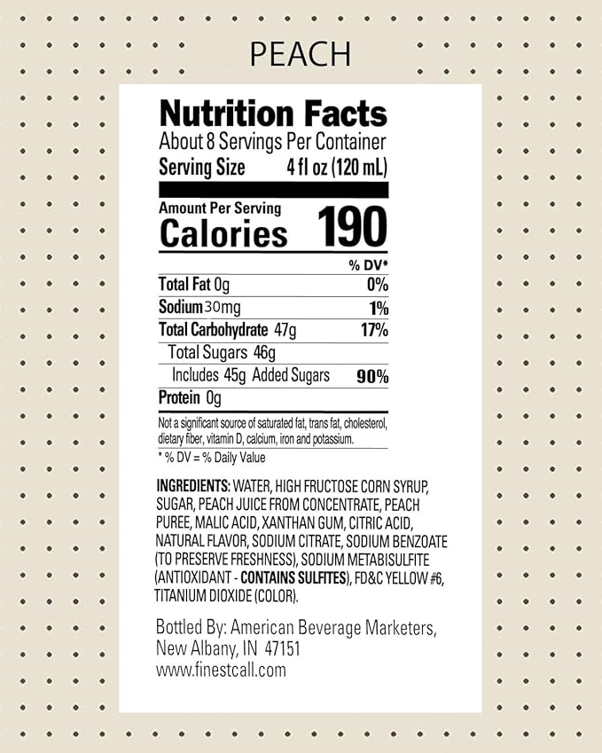 Finest Call Premium Peach Fruit Puree Drink Mix 1 Liter Bottle (33.8 Fl Oz) Pack of 6