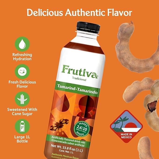 Frutiva Authentic Tamarind Drink Mix| |Made in Mexico with Cane Sugar | Aguas Frescas Concentrate Makes 2.6 Gallons Per Bottle | No High Fructose Corn Syrup | de | Perfect for Drinks Desserts &amp M