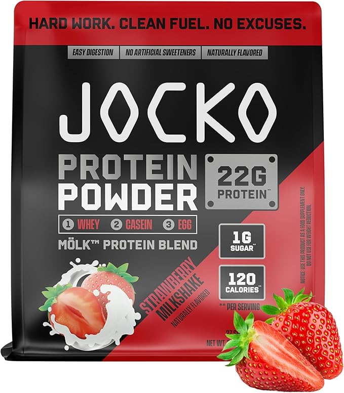 Jocko Fuel Whey Protein Powder Strawberry Milkshake 22g Protein Digestive Enzymes + Probiotic Blend No Sugar Added with Essential Amino Acids + Electrolyte Minerals 27 Servings
