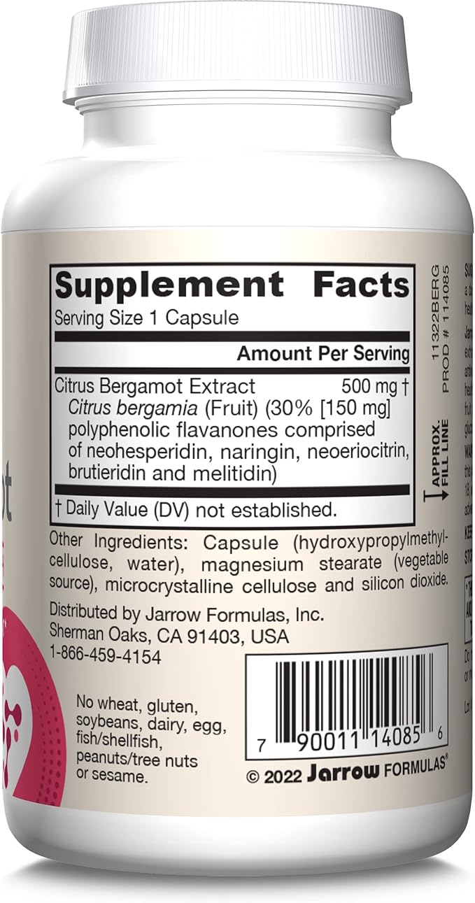 Jarrow Formulas Citrus Bergamot Supplement 500 mg - 60 Servings (Veggie Caps) - Antioxidant Support for Cardiovascular &amp Metabolic Health - Dietary Supplement - Vegan Gluten-Free- Use with QH-Abso