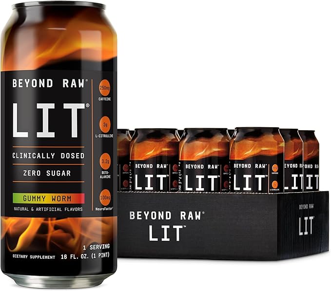 BEYOND RAW LIT On The Go | Ready to Drink Cans | Contains Caffeine L-Citrulline Beta-Alanine and Nitric Oxide | Gummy Worm | 12 Count