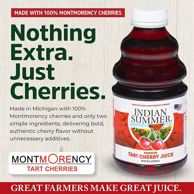 Indian Summer Premium Tart Cherry Juice Made with Montmerency Cherries 2 Simple Ingredients Handpicked Fruit since 1973 (32oz Pack of 2)