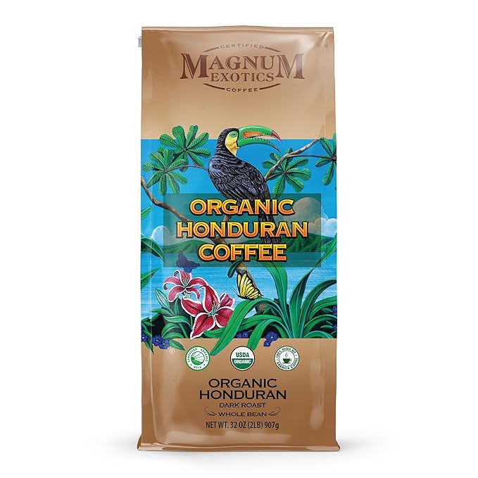 Magnum Exotics Organic Honduran Whole Bean Coffee - Dark Roast Coffee Beans Caffeinated Roasted Bulk Brew Rich &amp Smooth Flavor Fresh Roast - 32 oz (2 lb) Bag