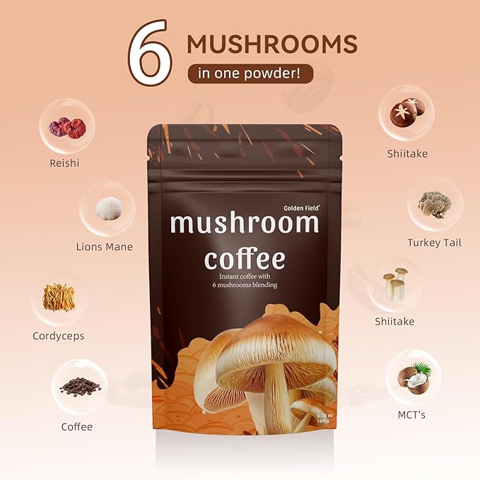 Mushroom Coffee 6 Adaptogenic Mushrooms USDA Organic Instant Coffee MCT Oil USA Grown Better Energy Focus Digestion Immunity Cordyceps Lion’s Mane Turkey Tail 30 servings (6.35 Oz / 180g)