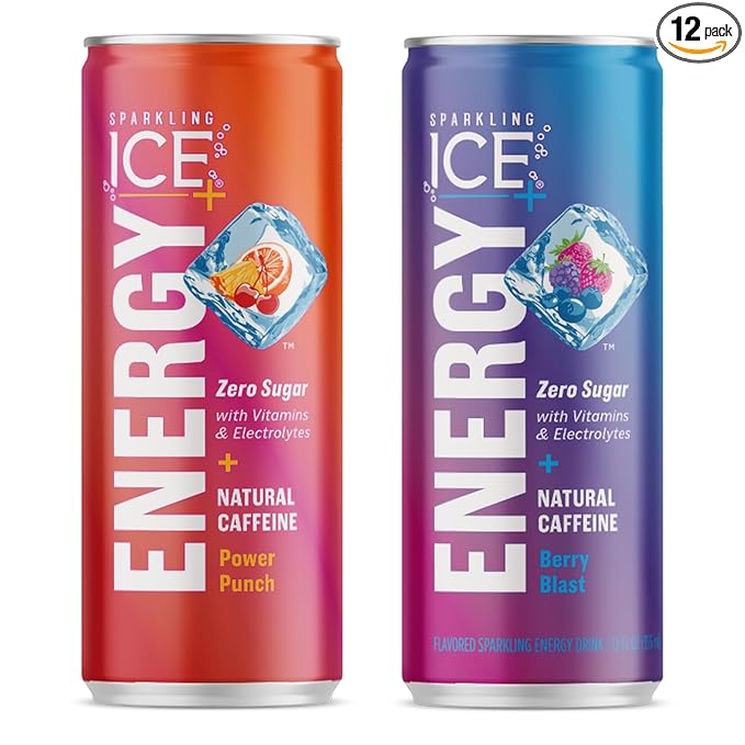 Sparkling Ice +ENERGY Power Punch Sparkling Water 12 fl oz Cans (Pack of 12) &amp Sparkling Ice +ENERGY Berry Blast Sparkling Water with Vitamins &amp Electrolytes Zero Sugar 12 fl oz Cans (Pack o