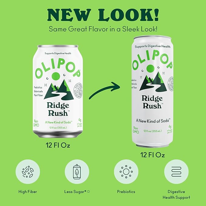 OLIPOP Sparkling Prebiotic SodaRidge RushPantry Pack Packed with PrebioticsFiberand BotanicalsGluten FreeVeganGMO Free12oz Skinny Can(Pack of 24)