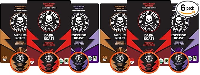 Death Wish Coffee Single Serve Coffee - 10 Each of Medium Dark and Espresso Roast - Mixed Roast Variety Pack (Pack of 2)