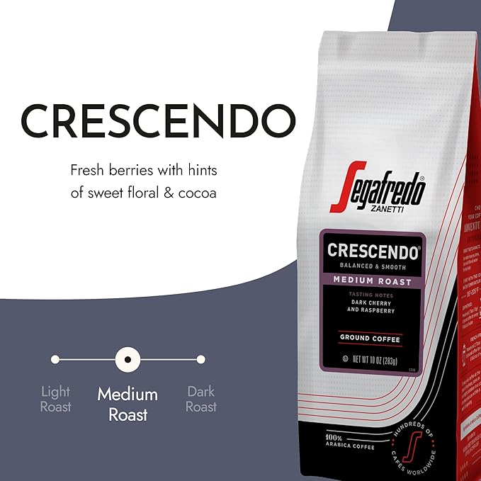 Segafredo Zanetti Ground Coffee – Made with Arabica Coffee – Medium Roast Aroma of Fresh Berries Hints of Sweet Floral &amp Cocoa – Smooth Medium-Bodied – Crescendo 10oz Bag Pack of 6
