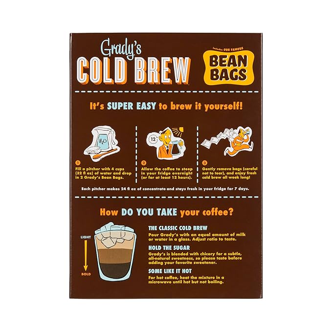GRADY’S COLD BREW French Vanilla 100% Arabica Ground Coffee &amp Chicory Pouches ONE Box with 4 Easy-to-Brew Bean Bags Makes 12 drinks