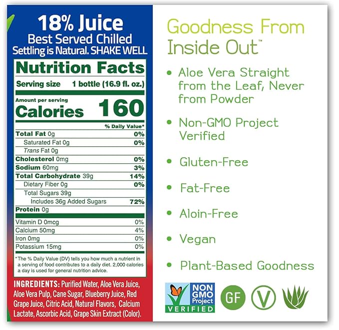 ALO Aloe Vera Juice Drink | BLUE - Aloe Vera + Blueberry | 16.9 fl oz Pack of 12 | Plant-Based Drink with Real Aloe Pulp