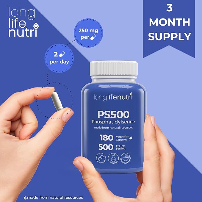 Phosphatidylserine Pure 500mg – 180 Vegetarian Pills 3-Month Supply Supplement for Strengthening Memory Focus &amp Cognitive Function Made in USA Lab Tested Soy Free Non GMO