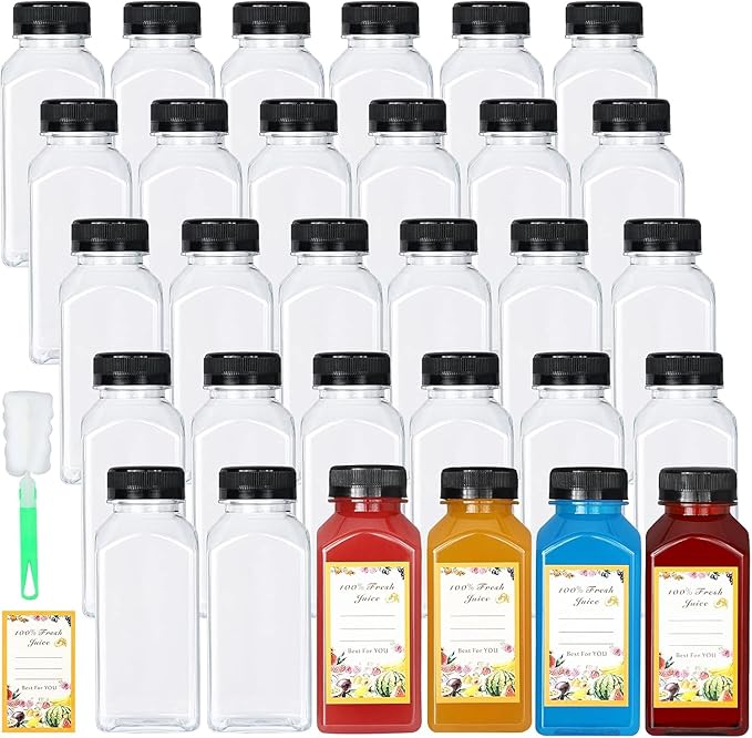 54pcs 8oz Plastic bottles with lids juice bottles with caps Reusable containers and Clear beverage for milk Smoothies juice