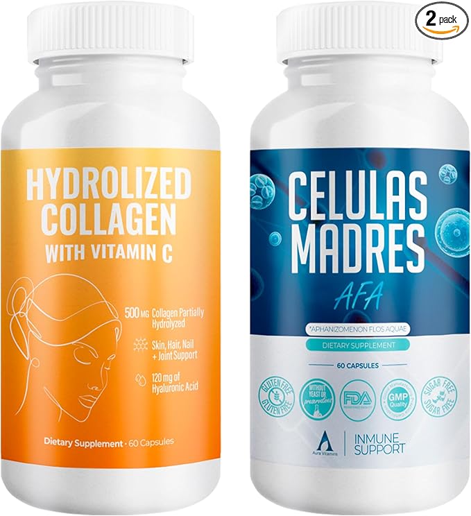 Aura Vitamin Mega Antioxidant Bundle | Hydrolyzed Collagen &amp AFA Stem Cell | Hydrolyzed Collagen with Vitamin C Aphanizomenon Flos-Aquae | Celula Madre Skin Hair and Nail Support – 60 Each Caps